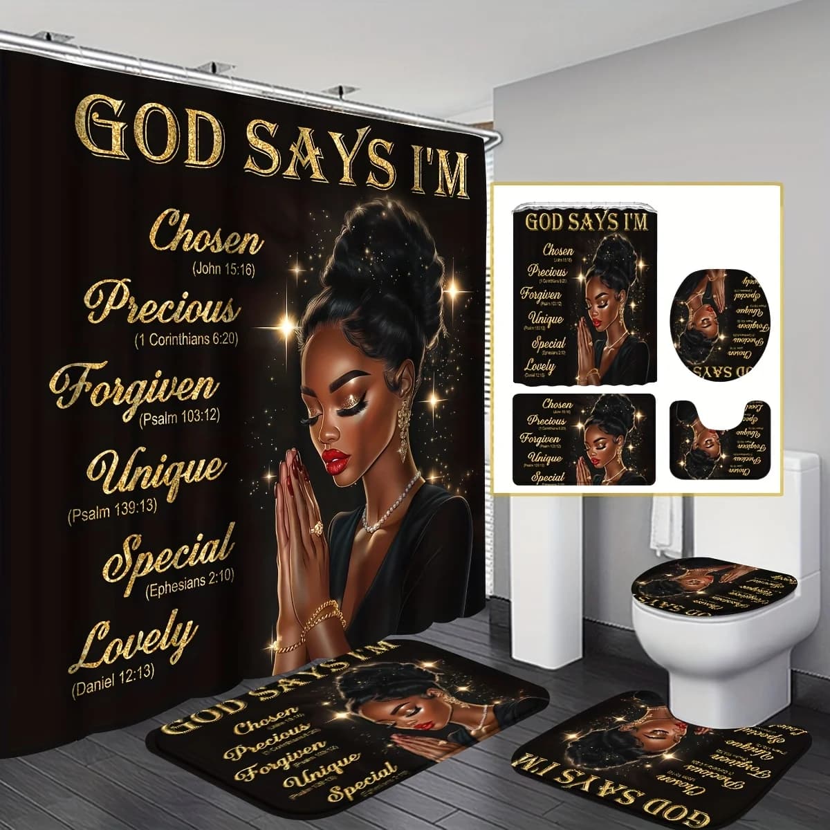 4-Piece Faith-Inspired Shower Set: Printed Shower Curtain with 12 Hooks, Non-Slip Bath Rug, U-Shaped Toilet Mat, and Soft Toilet Lid Cover – Thoughtful Bathroom Decor Featuring Uplifting Words for Daily Moments