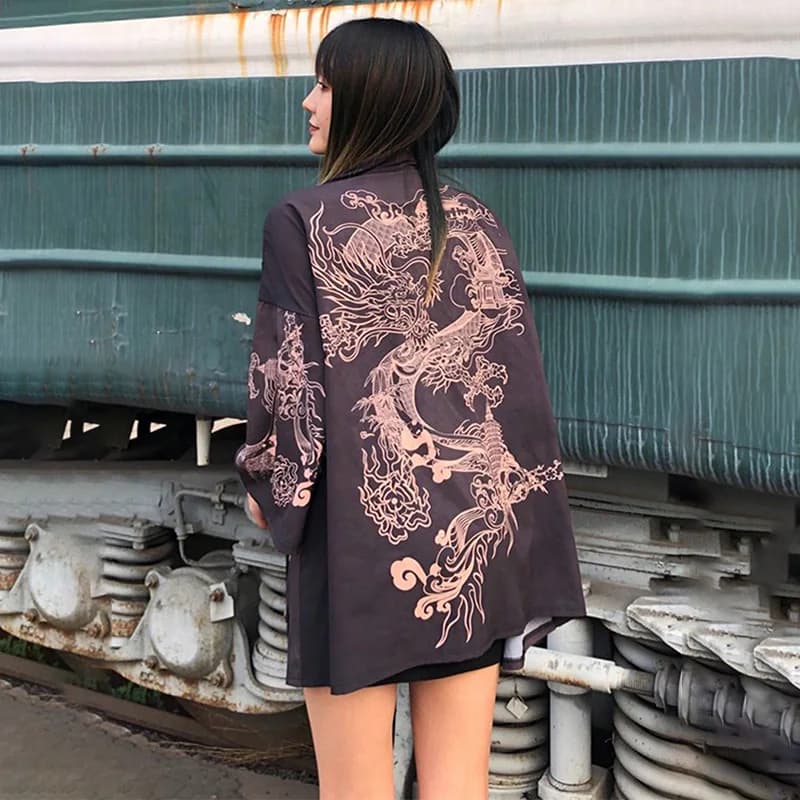 Chinese-Style Retro Loose-Fitting Improved Hanfu Dragon Robe Kimono Cardigan Haori Summer Plus-Size Beach Vacation Bikini Swimsuit Outerwear Thin Jacket