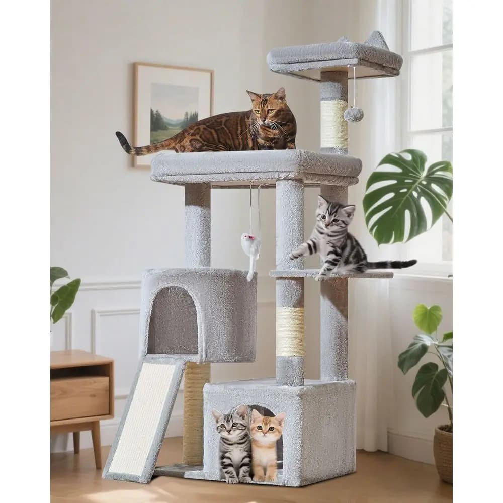 Elegante Torre per Gatti 55.1 Resistente con Cuccia Girevole, Tiragraffi e Casetta Estesa, Grigio Chiaro, 10W