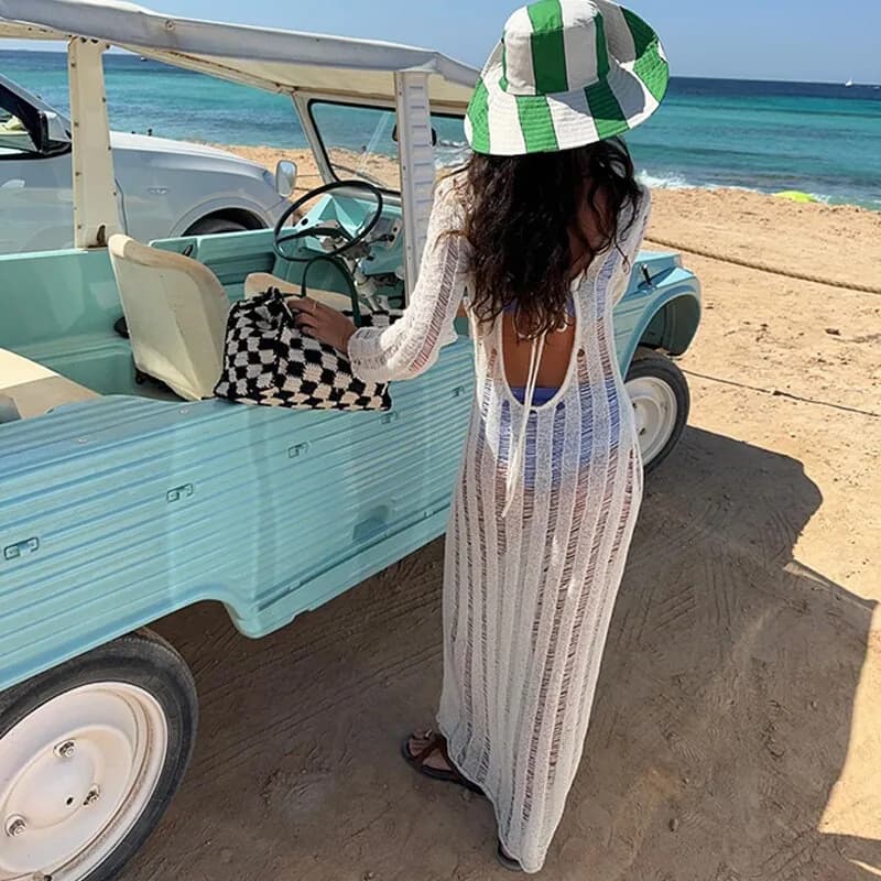 Sexy Knitted Backless Long Sleeve Beach Dress Hollow out Belted Holiday Style Women's Fashion Spring Cotton Gown