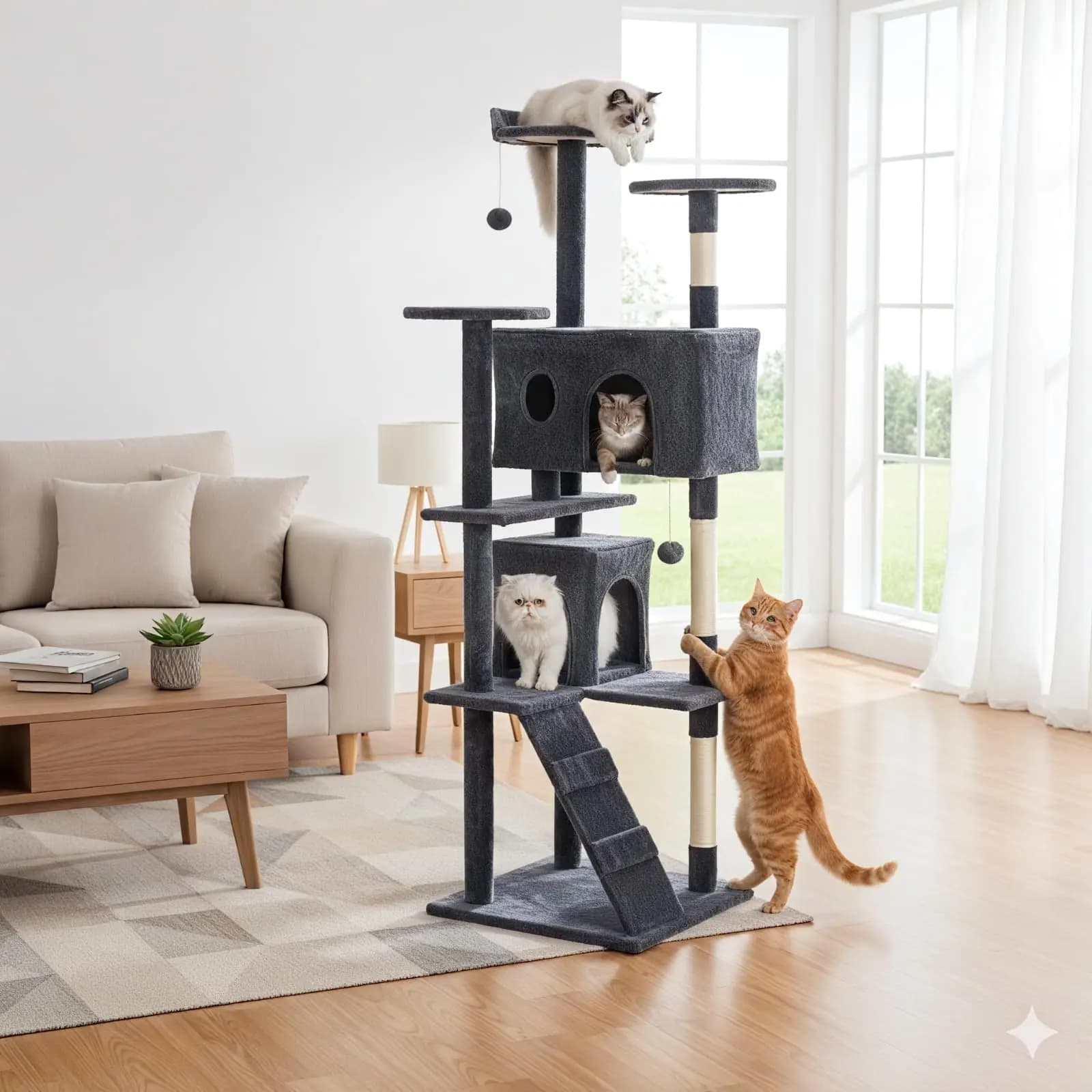 JHK Torre per albero per gatti da 80 pollici Grande torre da arrampicata per gatti multilivello con tiragraffi in sisal naturale Condo Casetta per animali domestici per interni
