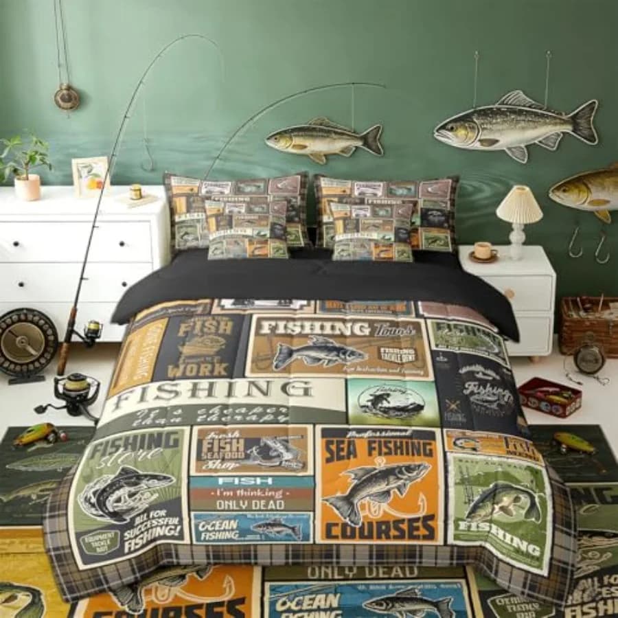 Set Copripiumino e Lenzuola a Tema Pesce, 7 Pezzi, con Motivo Vintage a Stampa di Pesci, per Ragazzi e Ragazze, Set Biancheria da Letto per la Pesca e la Caccia, Bed in a Bag