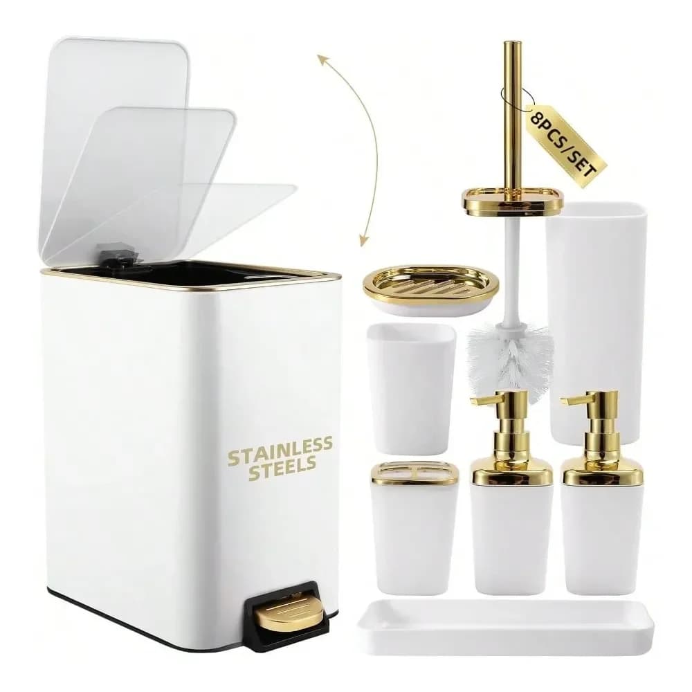 Set di accessori da bagno 8 pezzi bianco e oro, set da bagno con cestino in acciaio inossidabile, spazzolone per WC, porta spazzolino