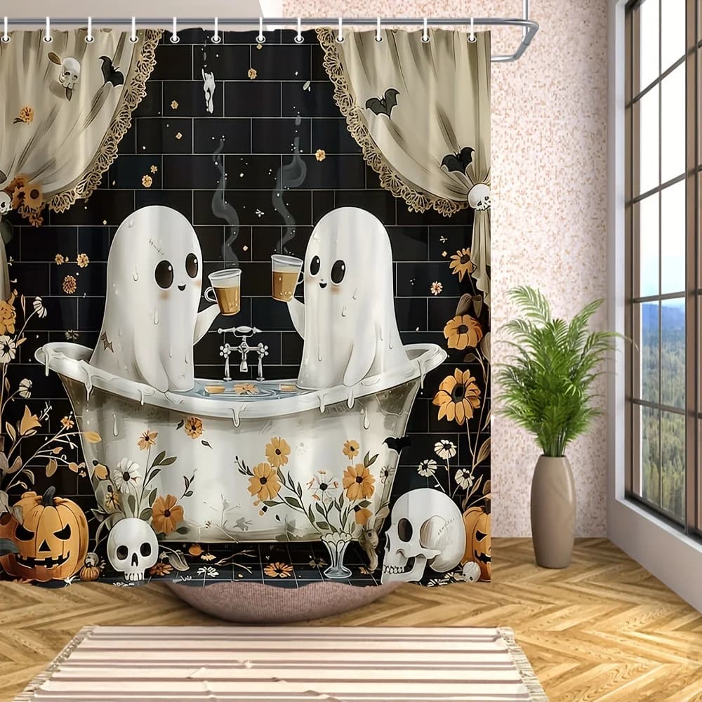 Tenda da doccia di Halloween con fantasmi, zucche, teschi, pipistrelli e design floreale