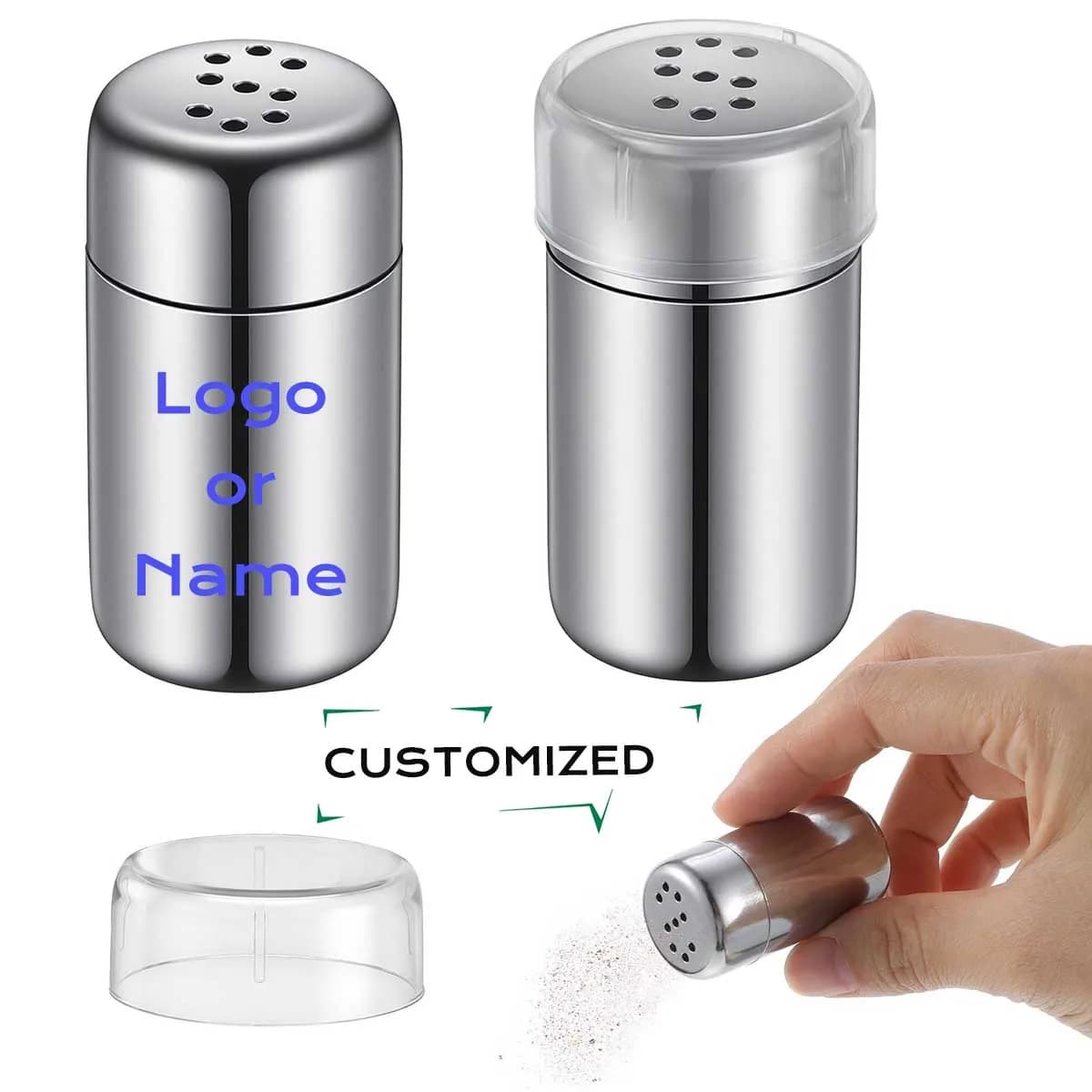 2 Pack Custom Stainless Steel Mini Salt and Pepper Shakers, Laser Engraved Travel Salt Shaker Set, Leak-Proof Metal Spice Shaker