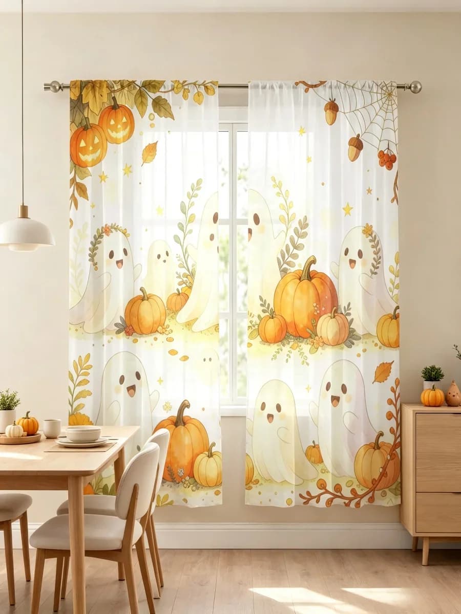 2PCS Digital Print Sheer Curtain, Harvest Ghost Spirit, Autumn Halloween Fall - Voile Drapes for Bedroom Living Room Decor