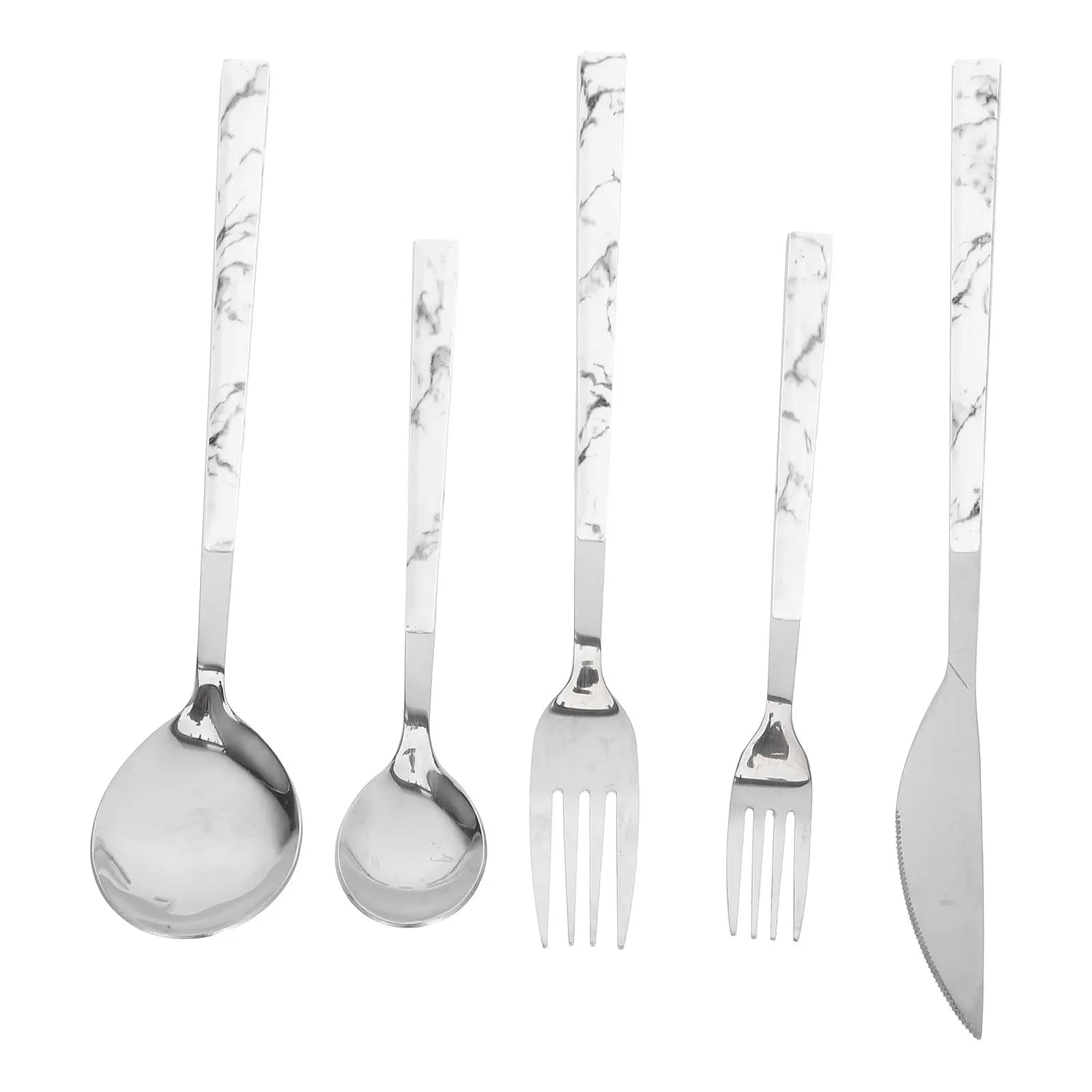 Premium stainless steel cutlery set with marble handle, fork, spoon and steak knife, portable kitchen table set