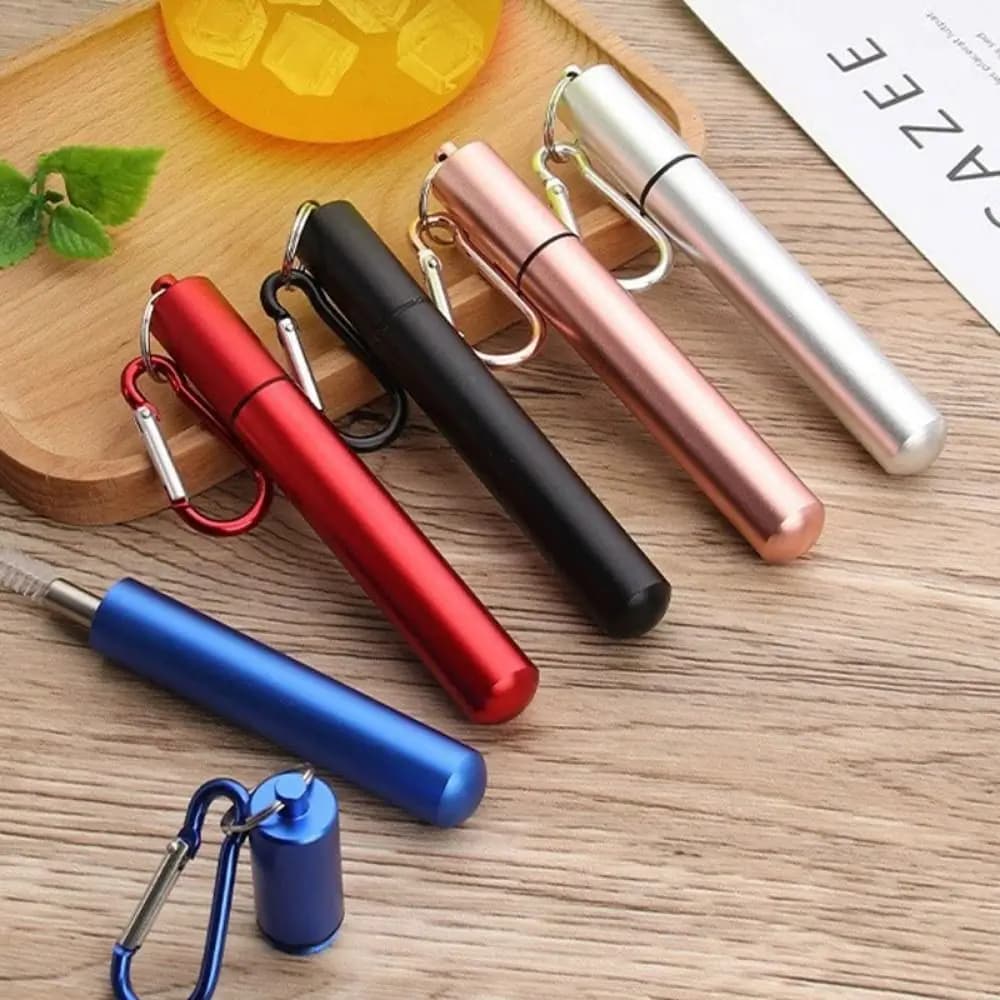 Cannuccia pieghevole riutilizzabile in acciaio inossidabile Cannuccia metallica retrattile portatile con custodia con spazzola per la pulizia Set di cannucce