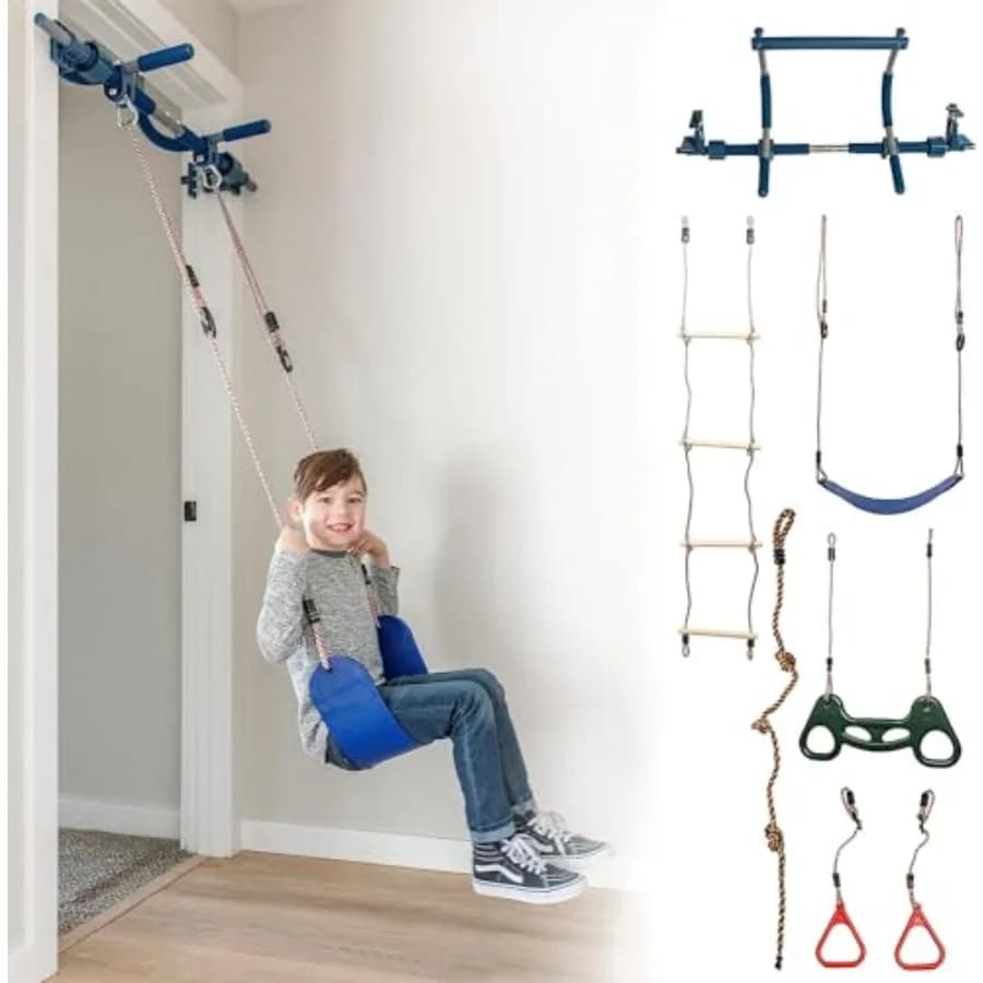 6-piece indoor game set - Blue - Indoor play set with sensory swing, traction bar, rings, trapeze and scale