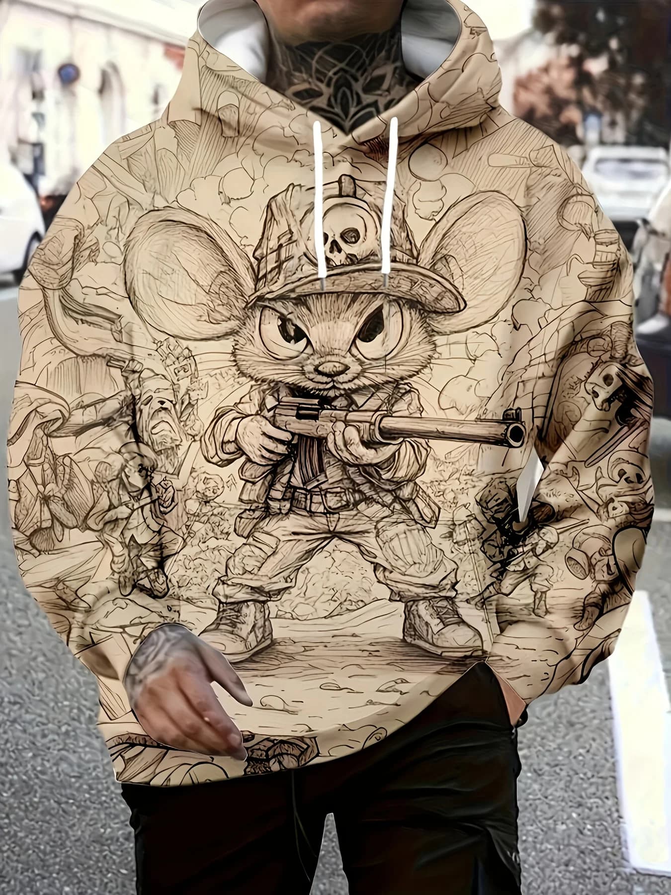 Vintage Line Sketch Hoodie Men Beige All Over 3D Tactical Cartoon Rat Skull Hat Print Oversized Drawstring Pocket Sweatshirt