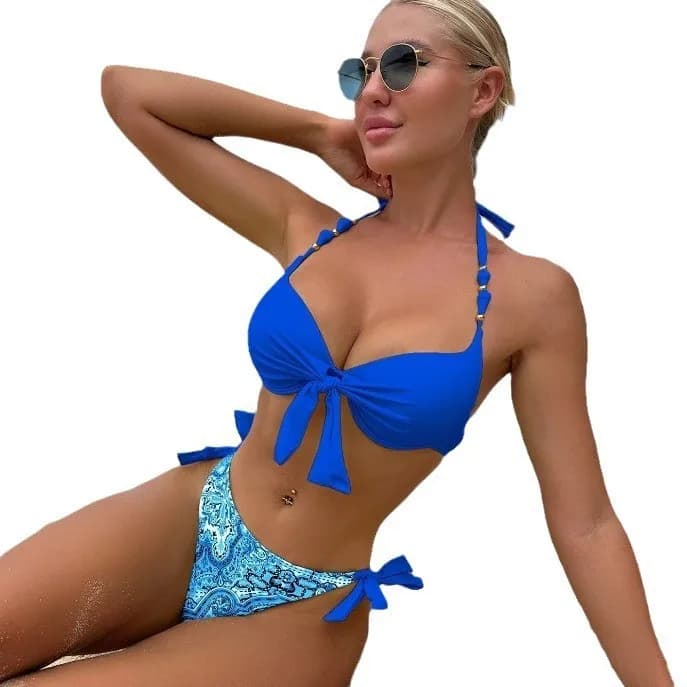 Women's Bikini Halter Neck Coral Red Front Knot Top Bikinis High Waist Printed Swimwear Push Up Turquoise Two Piece Swimsuit