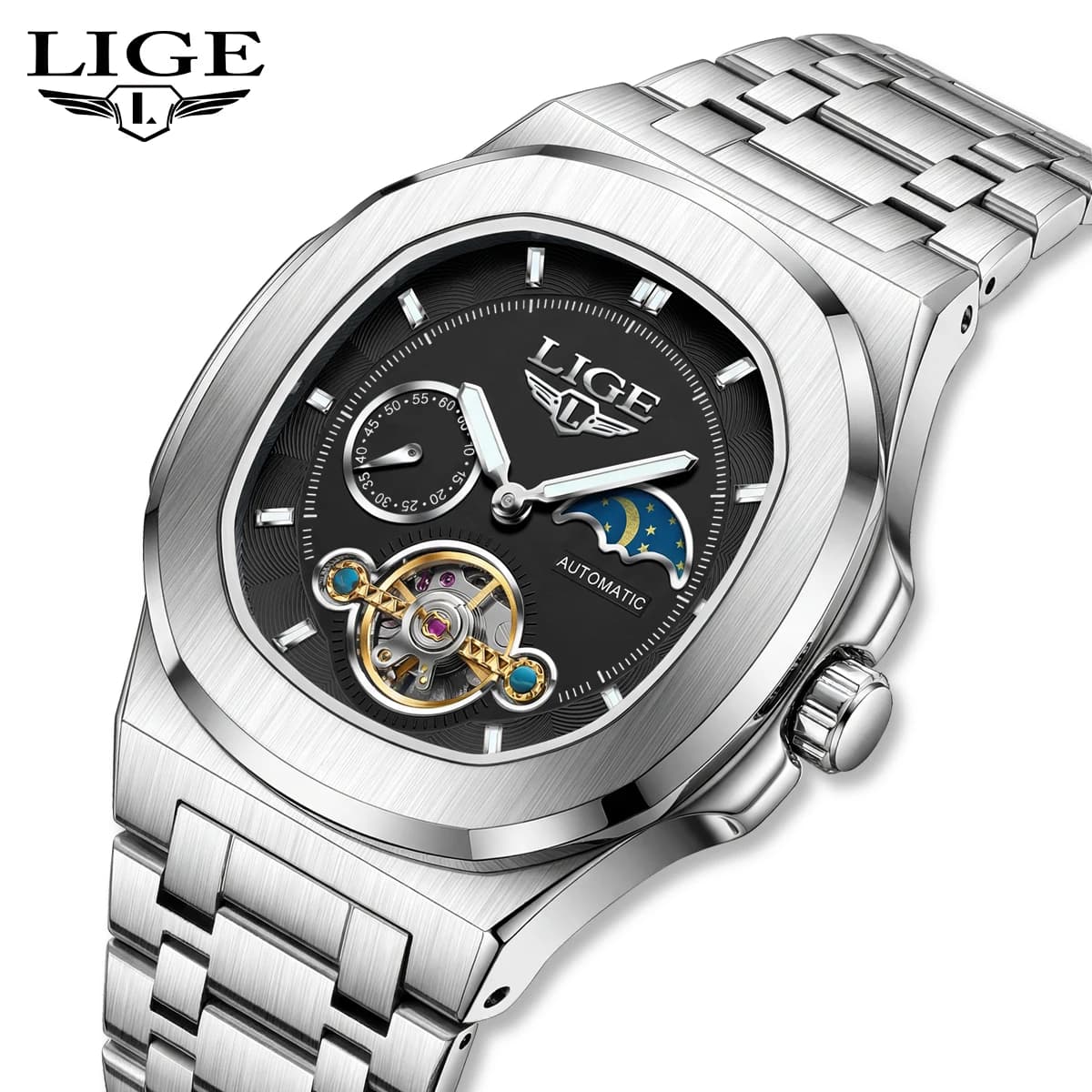 Orologi Sportivi LIGE per Uomo, Orologio Automatico di Lusso, Impermeabile, Luminoso, con Fasi Lunari, Orologio da Polso Meccanico, Relogios Masculino