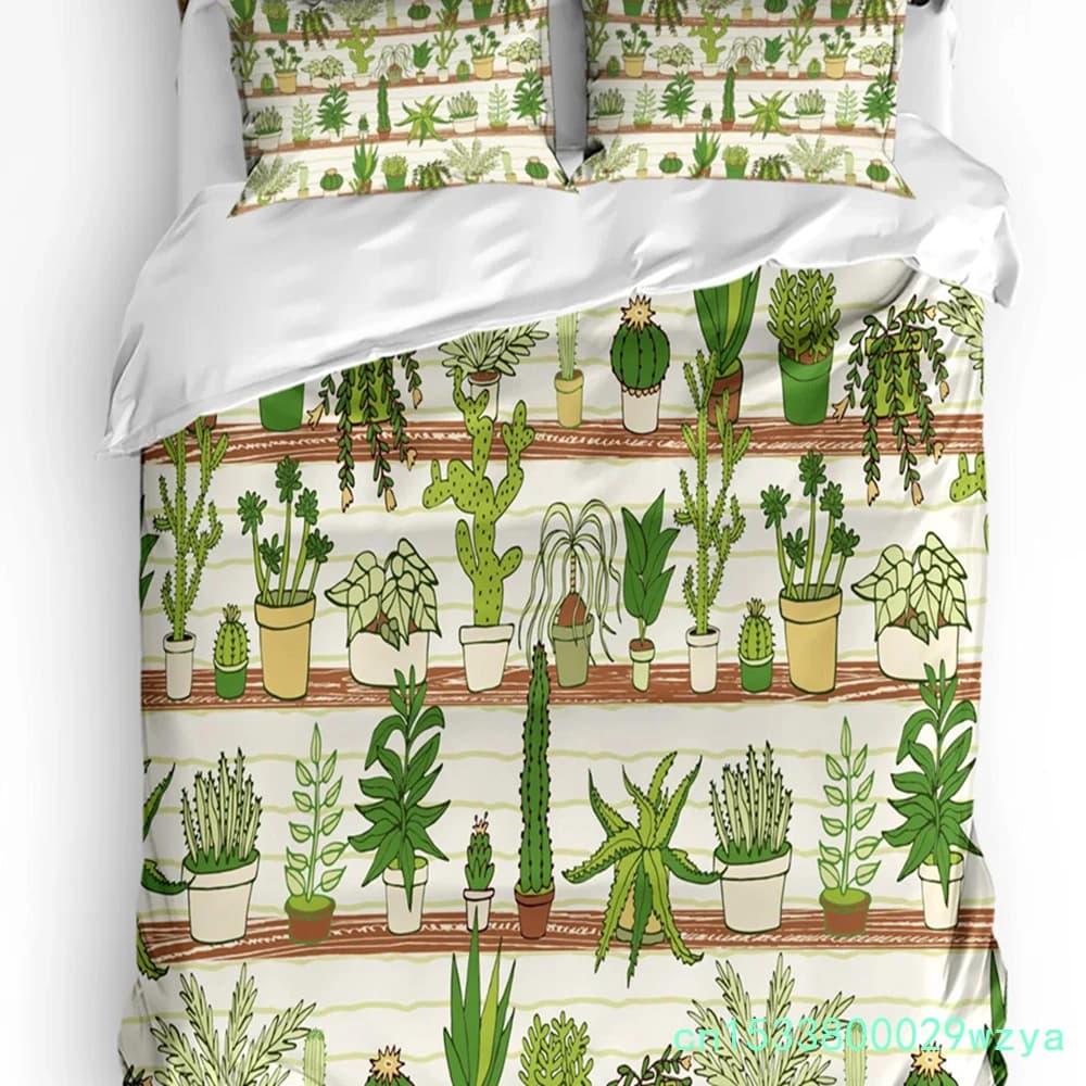 Flowerpot Cactus Flowers Green Leaves Plant Duvet Cover Bed Bedding Set Home Quilt Cover Pillowcases Bedding Set No Sheet