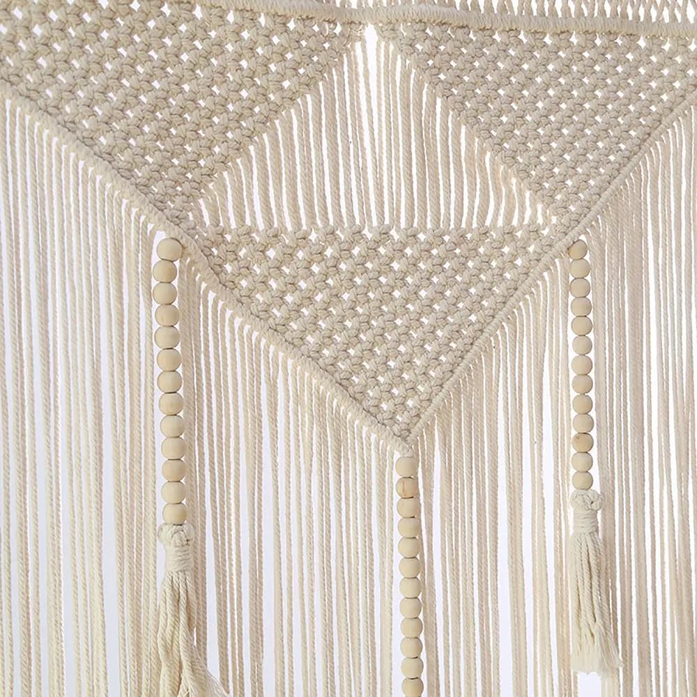 AA94-Macrame Wall Hanging Boho Woven Tapestry, Beige White Tassel Decor Curtain For Home Backdrop (Wood Stick Not Included)