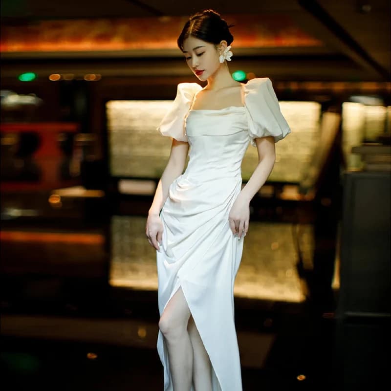 Retro Light Wedding Dress Luxury Split Engagement Gown One Shoulder Satin Welcome Ceremony Bubble Sleeve Simple Style mid Waist