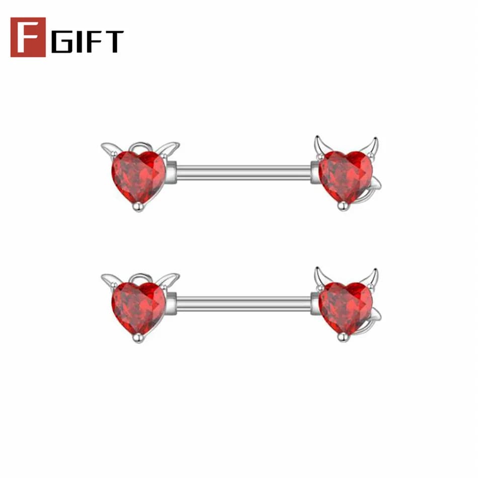 2pcs Devil Red Heart Zircon Nipple Rings Set 14G 12-22mm Hypoallergenic Titanium Barbell Women's Sexy Nipples Piercings Jewelry