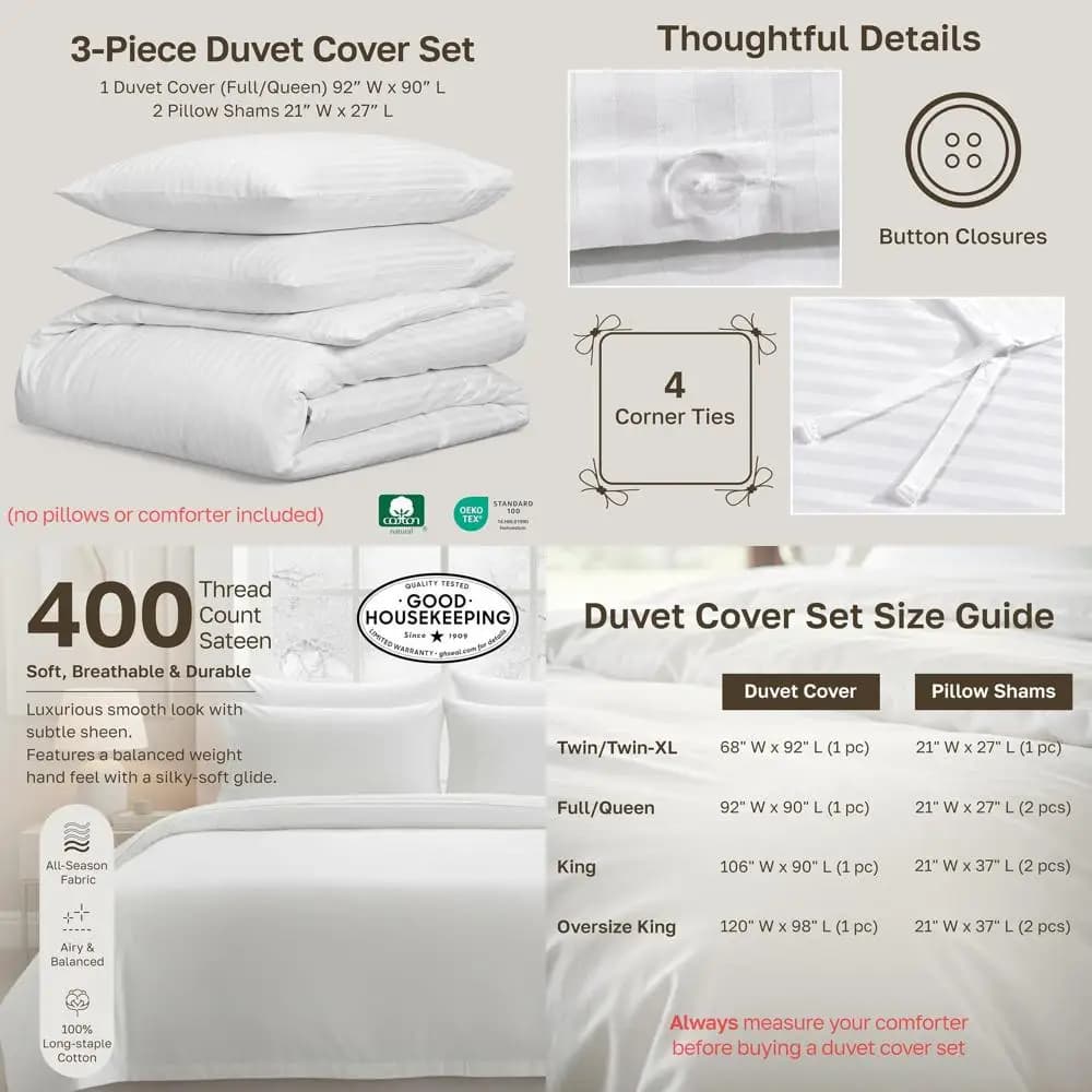 Set Copripiumino Queen Size in Cotone a Righe 400 Fili con 2 Federe e Lacci, Righe Bianche