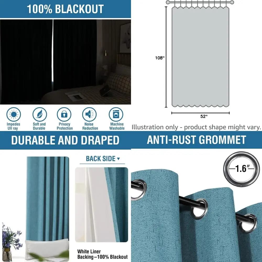 108 linen effect curtains with blue water eyelet, 100% blackout, set with 2 panels per bedroom and living room