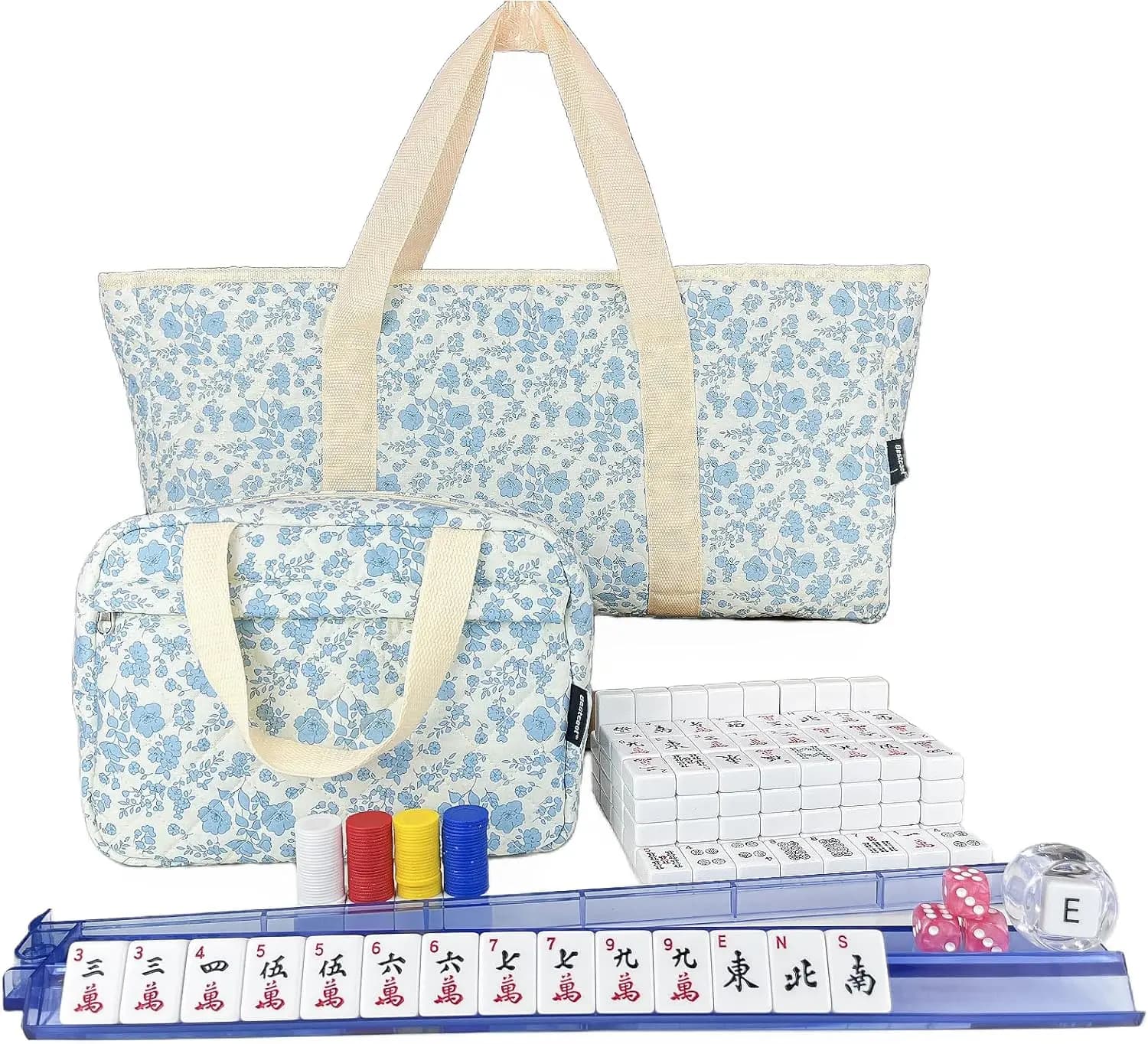 Set Mahjong Americano con Borsa Trapuntata Floreale, 166 Tessere, 4 Supporti e Spingitori, Dadi e Fiches per Principianti