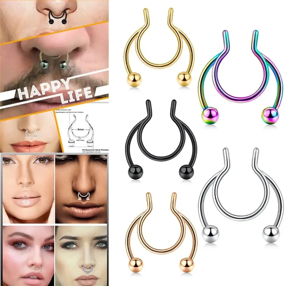 2 Pezzi Anello Finto per Naso in Acciaio Inossidabile, Senza Piercing, Gioielli Colorati per Donne e Uomini, Regalo di Gioielleria Punk