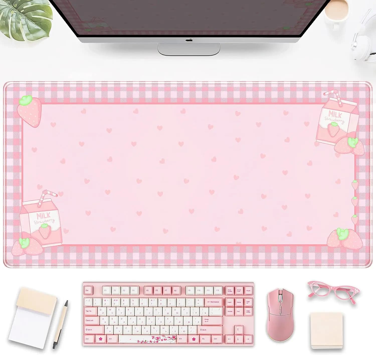 Tappetino da scrivania a quadretti Strawberry Milk, grande tappetino per mouse da gioco 31,5x15,75 pollici