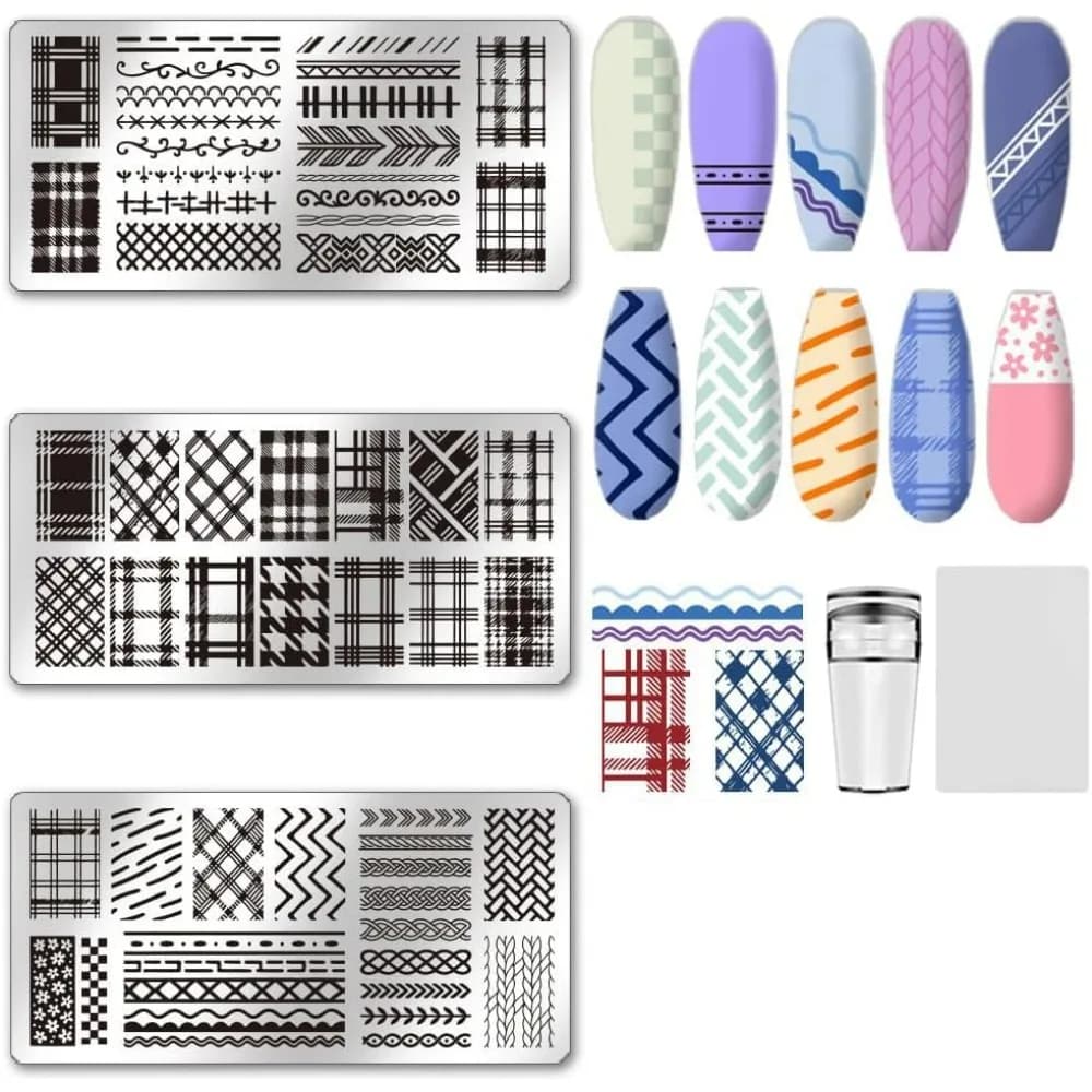 3Pcs Nail Stamp Plates Set Lattice Texture Nail Stamping Plate Texture Image Nail Stencils Plaid Argyle Pattern