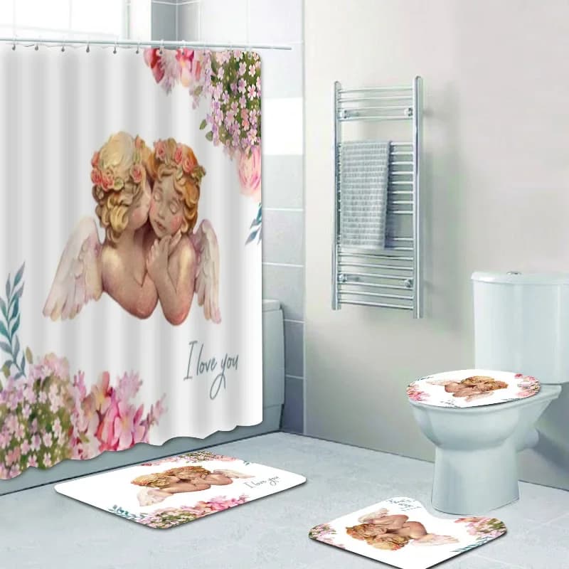 Acquerello carino angeli cherubino tenda tende da doccia set cupido floreale ali d'angelo fata tenda da bagno set tappetini decorazioni per la casa