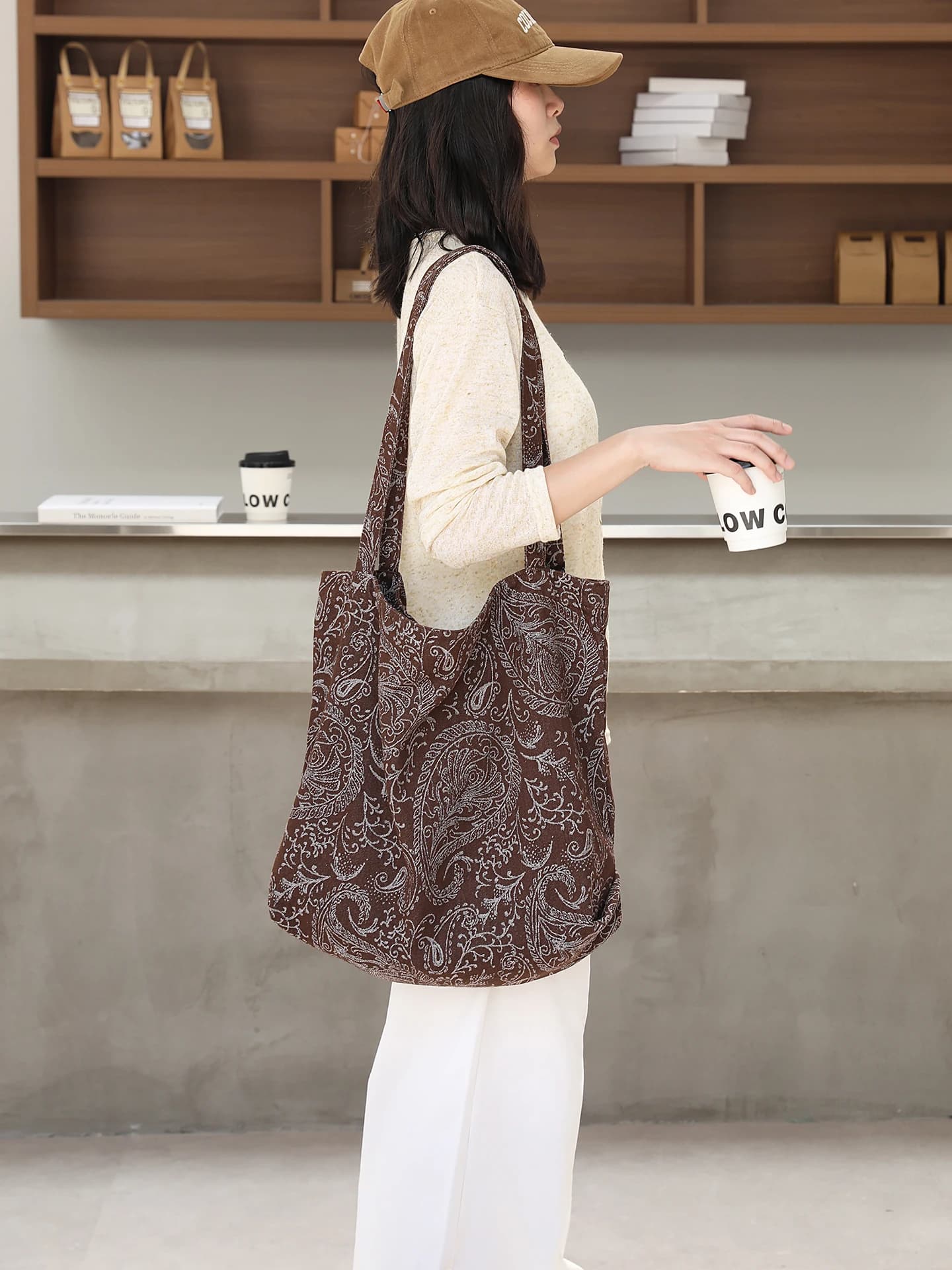 Casual Korean Style Canvas Tote Bag Floral Print Shopping Bag Women's Shoulder Handbag Lazy Style Nut Flower Pattern Bag