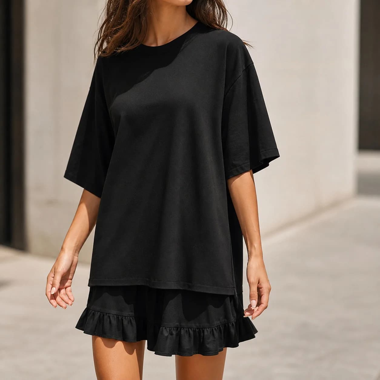 Women's Spring Summer Solid Color Half Sleeve Drop Shoulder Knit T Shirt Loungewear Casual Basic Top for Everyday Wear in Black
