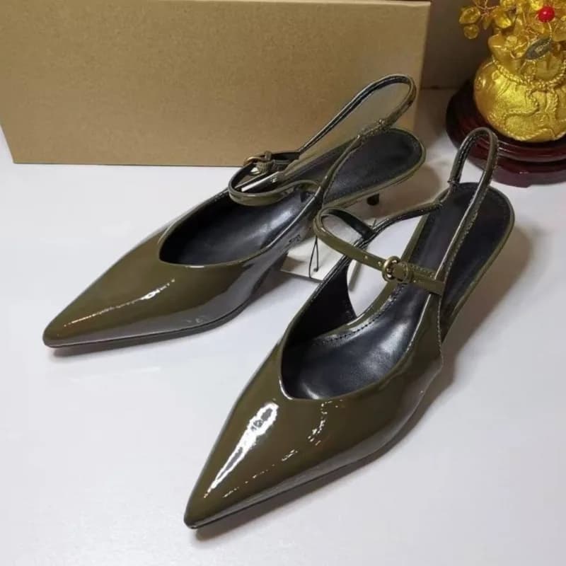 Patent Leather Elegant Office Work Lady Pumps Pointed Toe Glossy Ankle Strap Belt Buckle Design Slingback Women Mid Heels Shoes