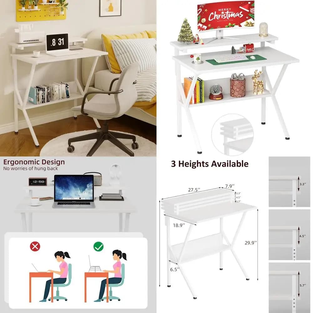 Compact white 27,5 desk with adjustable monitor support for small spaces, storage and use in home office