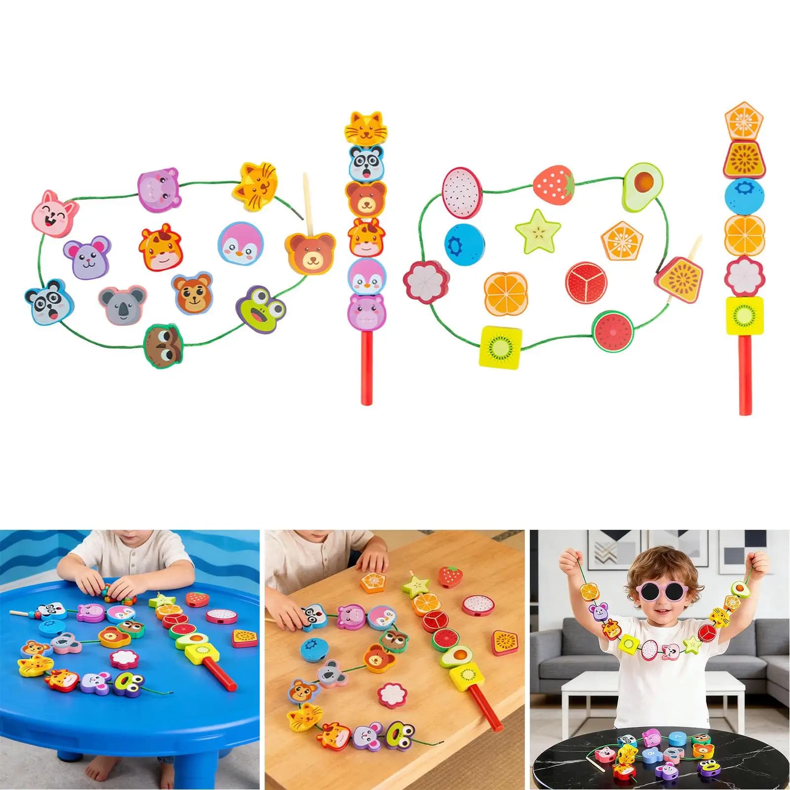 Perline in legno per infilare e ordinare per bambini piccoli, per lo sviluppo della coordinazione e l'abbinamento delle forme