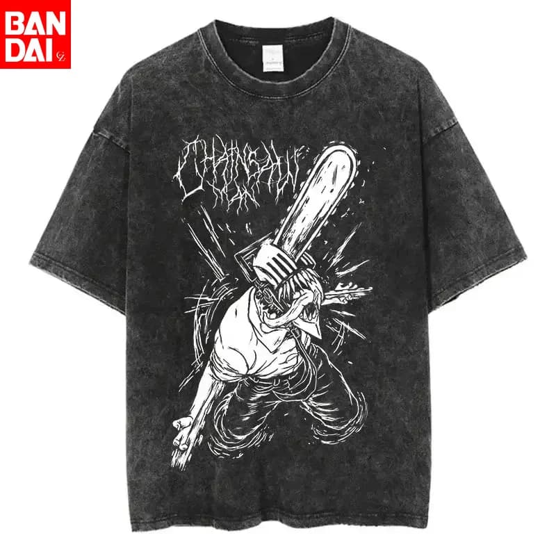 T-shirt grafica in metallo bianco Chainsaw Man Denji 2026 estiva nera lavata unisex vestibilità ampia a maniche corte streetwear anime