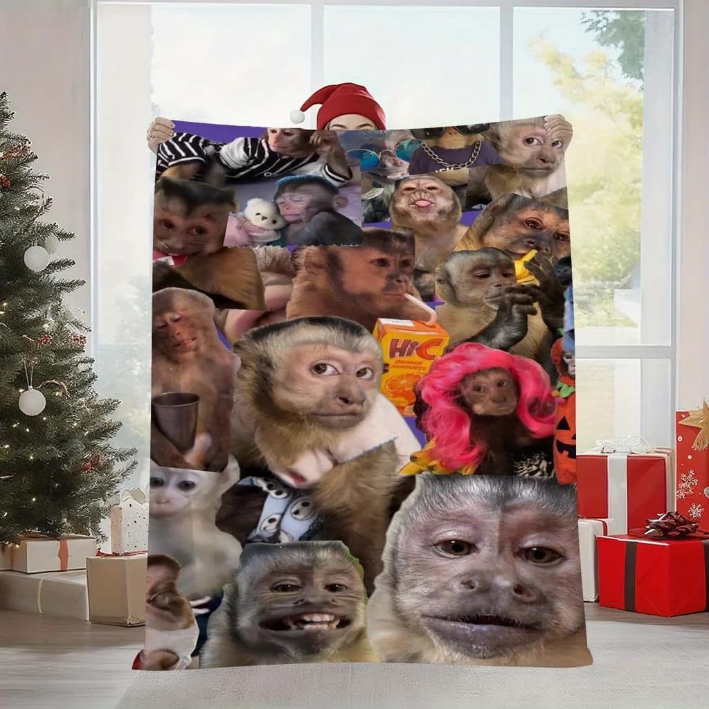 Coperta in flanella con stampa su un solo lato, morbida e calda, con collage di meme di scimmie, accessorio giocoso per camera da letto, soggiorno, divano, idea regalo