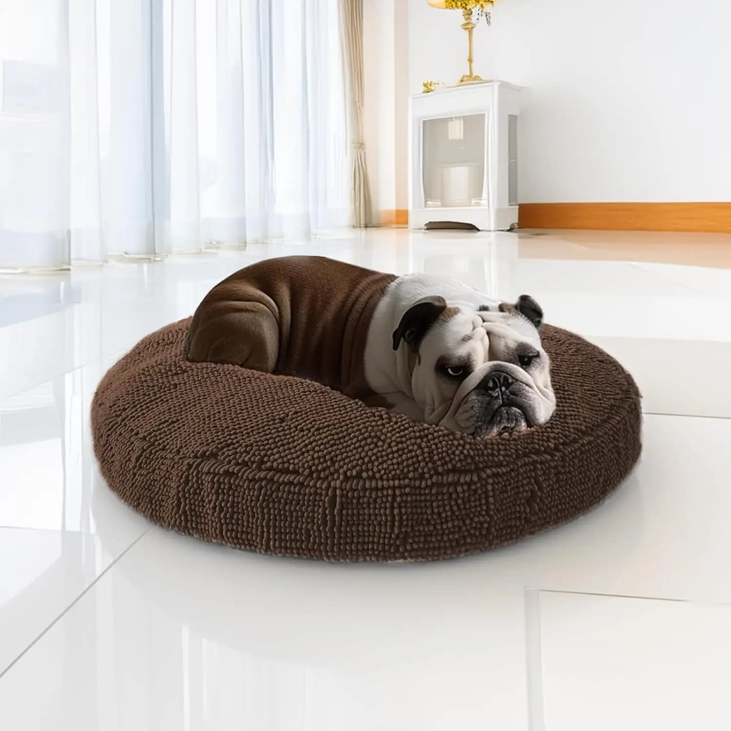 Cuccia Morbida a Forma di Ciambella per Cani e Gatti, Materiale in Ciniglia, Rivestimento Rimovibile e Lavabile - Marrone Piccolo (25'x25')