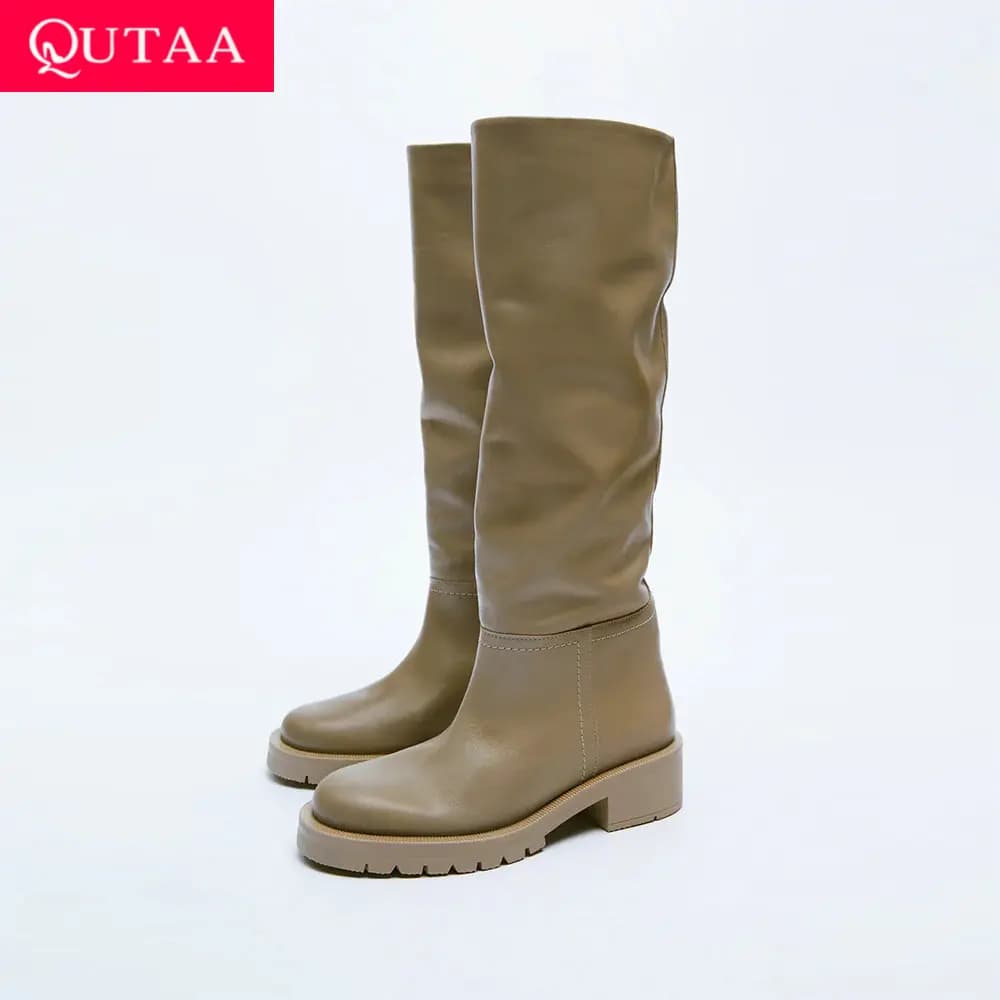 QUTAA Women's Fashion High Knee Boots Full Cow Leather Hot thick high heels Motorcycle Boots Women's Shoes 34-43