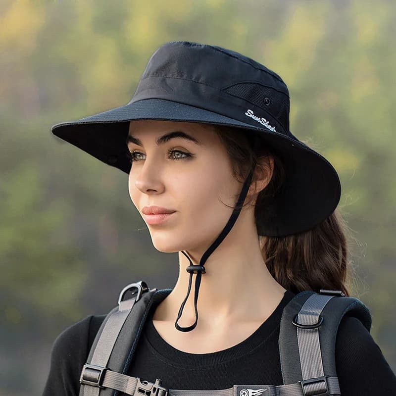 Genitore bambino estate pieghevole a tesa larga viaggio spiaggia maglia protezione solare berretto da pesca uomo donna sole esposto coda di cavallo cappello da pescatore V14