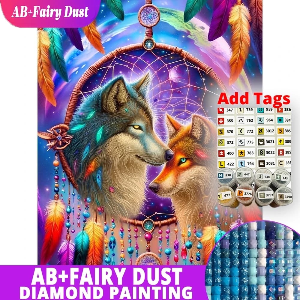 Fairy Dust AB DIY 5D Diamond Painting Wolf Animal Full Drill Mosaic Dreamcatcher Embroidery Feather Wall Decorations Living Room