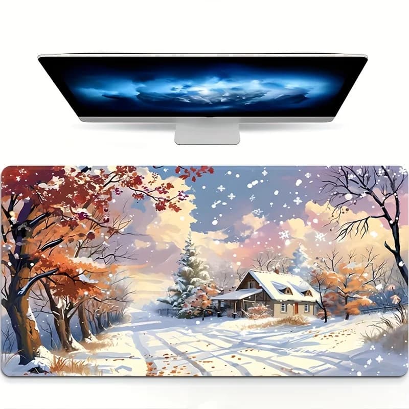 Tappetino da Scrivania con Paesaggio Invernale Innevato, Extra Large, Morbido Tappetino per Mouse in Gomma, Tappetino da Gioco Estetico e Caldo, Tappetino da Scrivania Multi-Misura