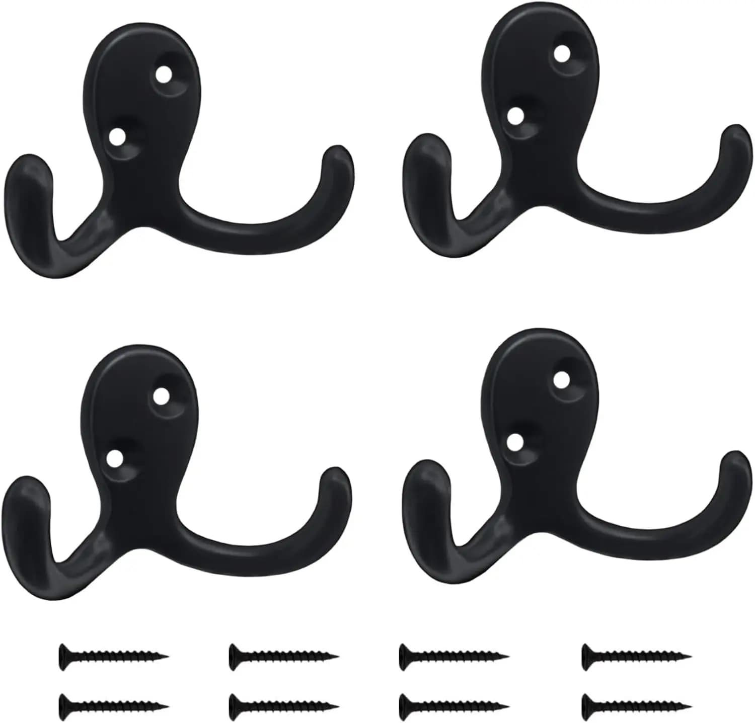 Set di 4 Ganci da Parete per Cappotti, Appendiabiti Doppio in Metallo Resistente con Viti per Cappotti, Borse, Asciugamani, Cappelli - Nero