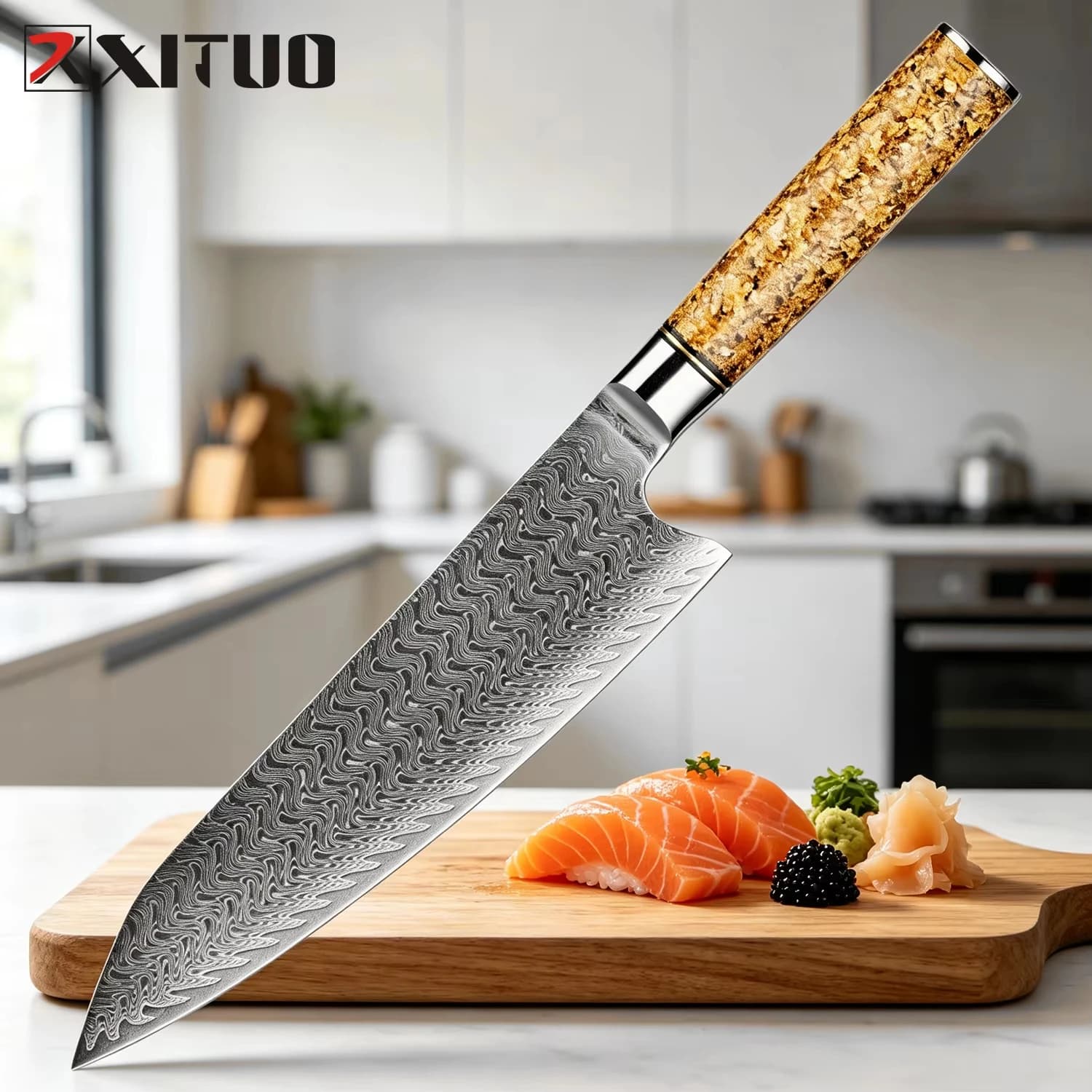 Coltello da chef professionale XITUO in acciaio Damasco a 67 strati, coltello da cucina multiuso per affettare, tritare e con manico in resina e foglia d'oro