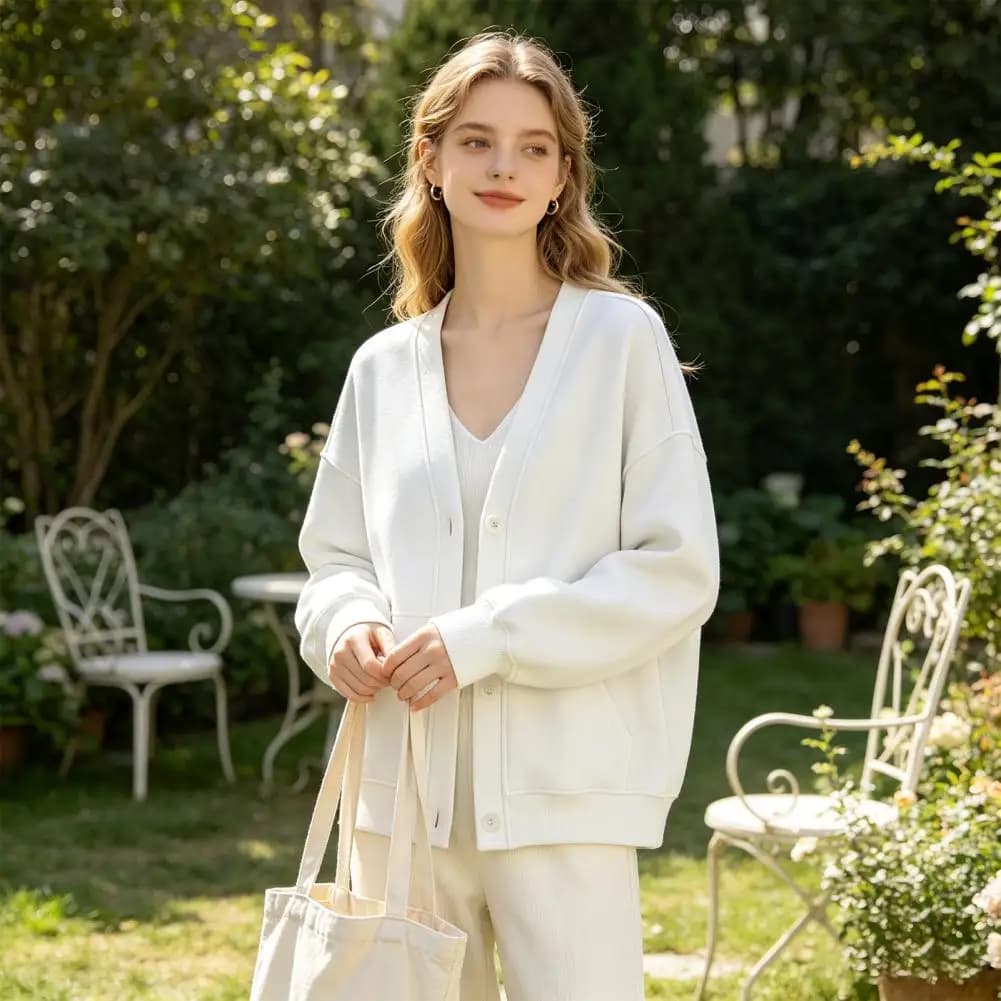 Women Button Front V-Neck Cardigan for Fall Winter Solid Color Oversized Sweatshirt with Dual Pockets Long Sleeve Casual Jacket