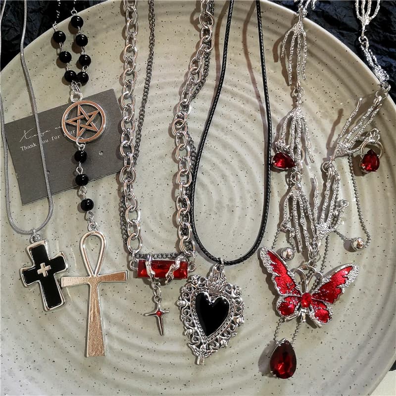 Gothic Y2K Punk Red Butterfly Black Heart Cross Pendent Chain Necklaces For Women Men Halloween Grunge EMO Jewelry Accessories