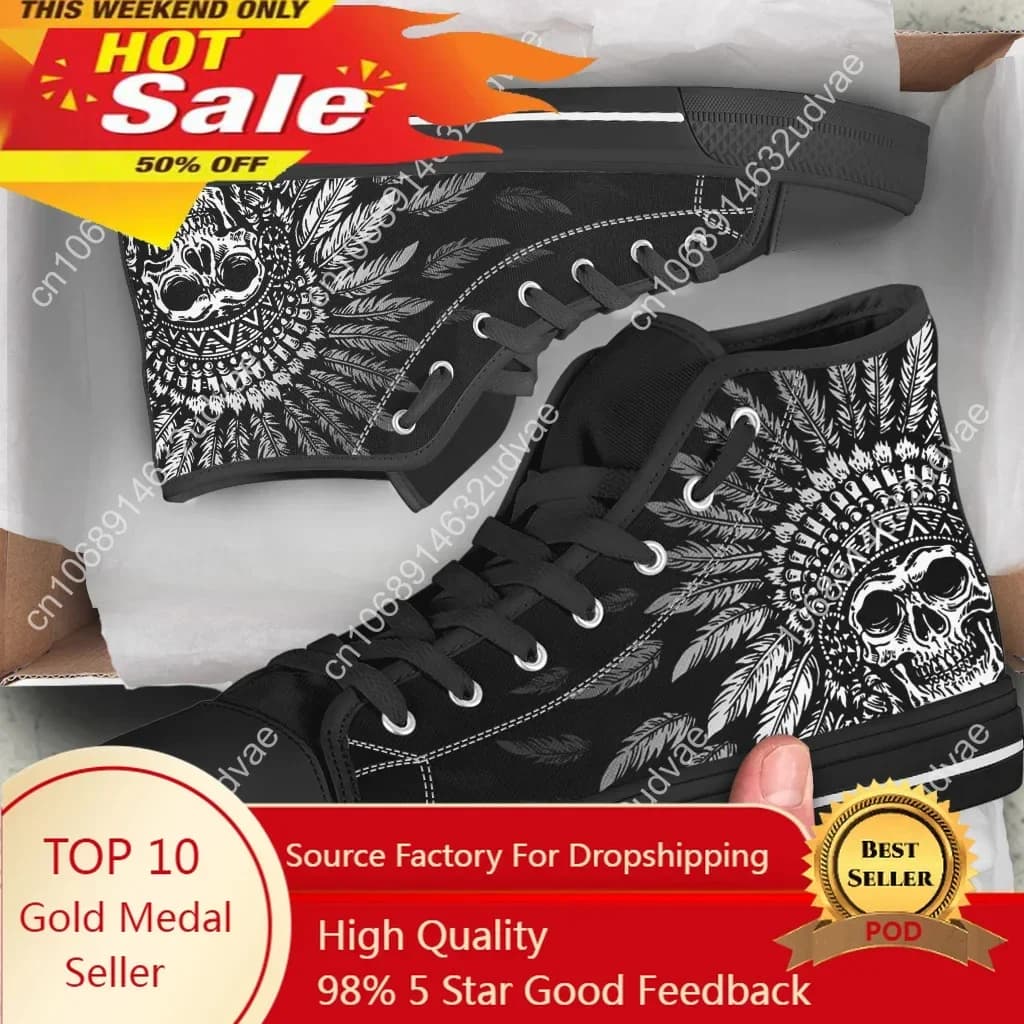 Scarpe alte da uomo Design tribale con teschio Scarpe comode con suola bianca Sneaker in tela con teschio gotico del giorno dei morti