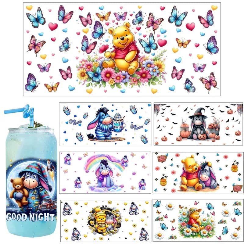 30 Stile Divertente Ih-Oh ​ ​ Famiglia di Pooh UV Cartoon Party Decalcomanie fai da te Trasferimenti 3D adesivi con sigillo per bicchiere uvdtf Avvolgimento per tazza uv dtf da 16 once
