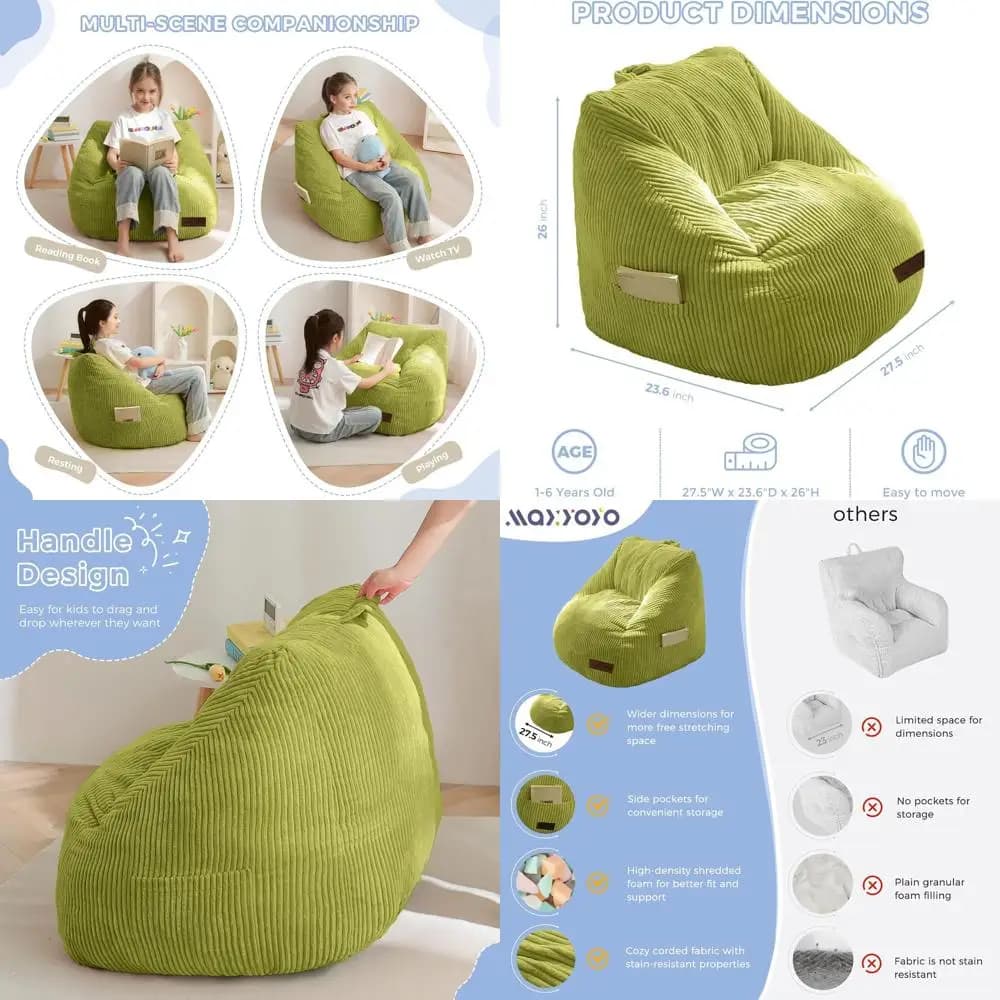 Poltrona a sacco verde per bambini con maniglia, comoda poltrona per bambini per leggere, giocare e rilassarsi