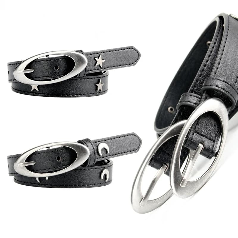 Y2K Women PU Leather Belt Retro Star Moon Decoration Pin Buckle Waistband For Dress Jeans Decoration Waist Strap Accessories