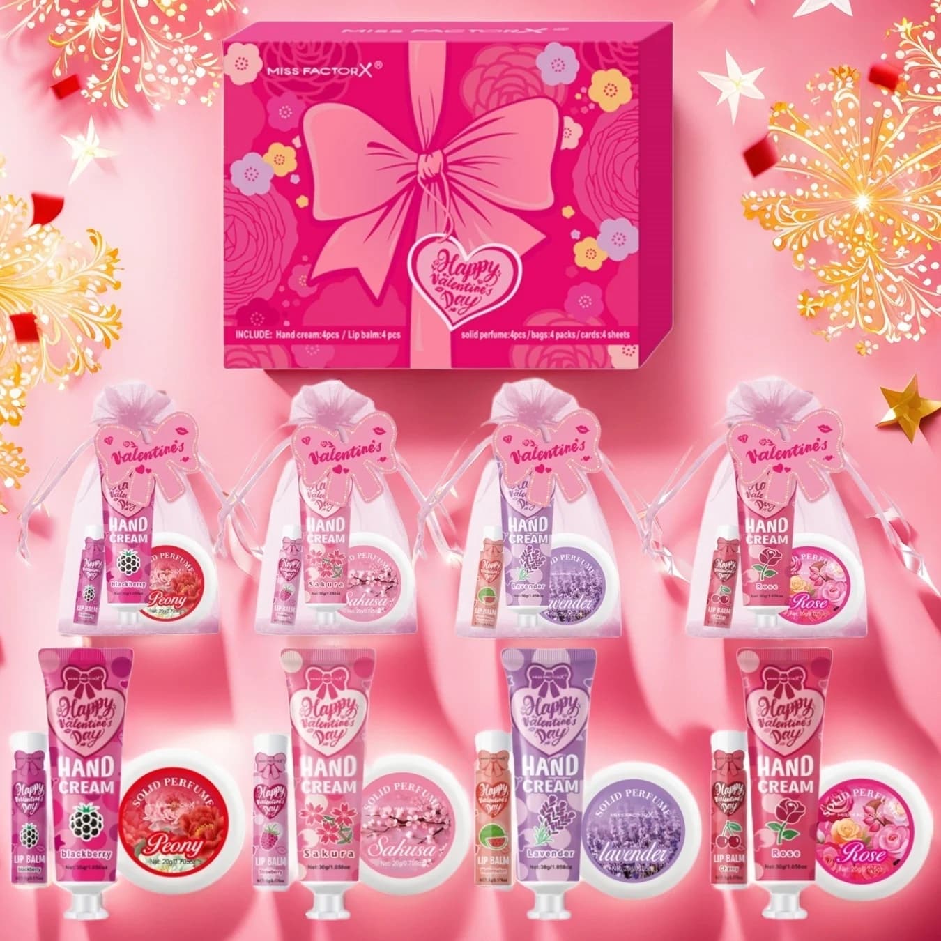 Set regalo 20 pezzi/scatola regali di ringraziamento sfusi distribuzione di assemblaggio balsamo per labbra crema per le mani profumo sacchetto regalo rosa e carta con fiocco