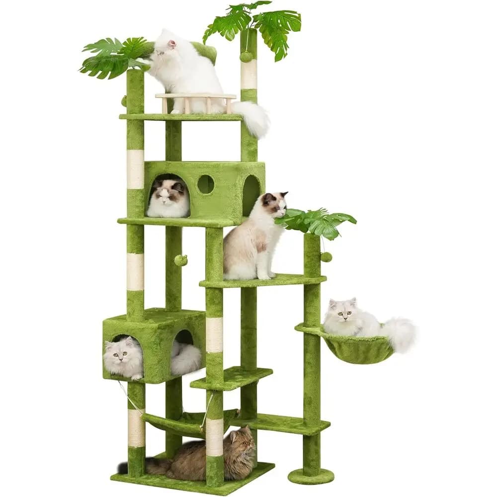 Robusta Torre per Gatti Grande con Foglie, Tiragraffi, Due Casette, Amache, Posatoi e Palline, Verde