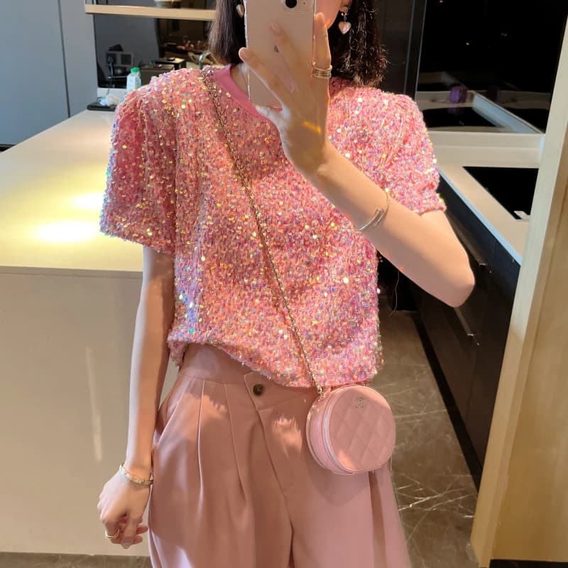 Glimmering Sequin Short Sleeve T-Shirt Dongdaemun Summer New Style Heavy Embellishment Bright Pink Korean Version